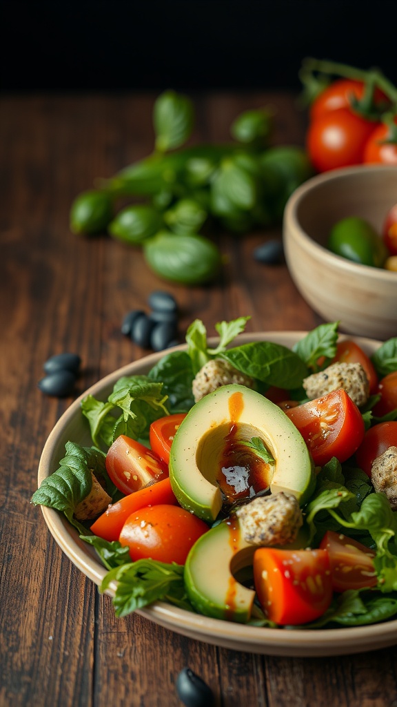 A vibrant avocado and tomato salad with greens and dressing served on a wooden table.