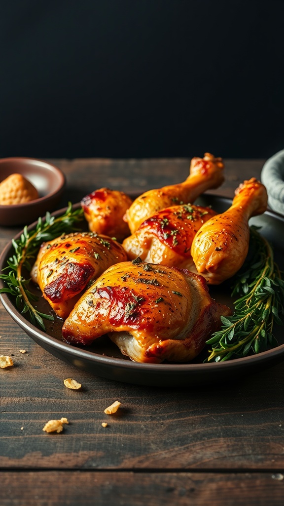 Plate of baked chicken thighs garnished with herbs