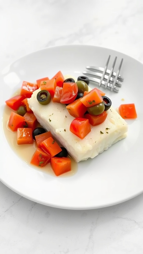 A plate of baked cod topped with diced tomatoes and olives