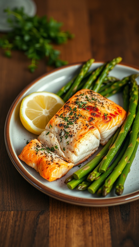 A plate featuring baked salmon fillet served with asparagus and a slice of lemon.