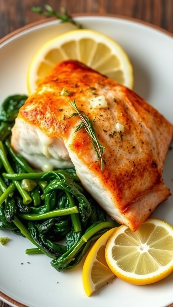 A plate of baked salmon served with spinach and lemon slices.