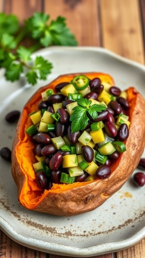 A baked sweet potato filled with black bean salsa, garnished with fresh herbs.