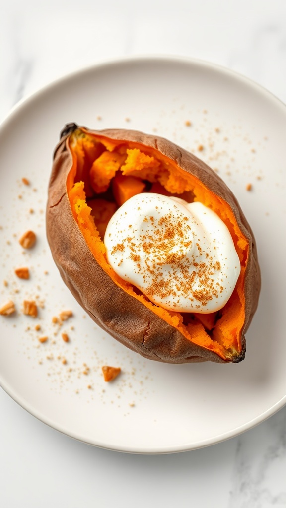 A baked sweet potato split open with Greek yogurt and sprinkled with spices on a plate.