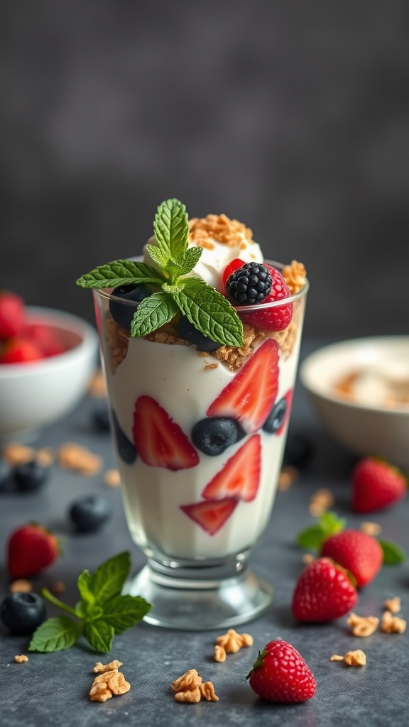 A delicious berry and yogurt parfait with strawberries, blueberries, and mint in a glass.