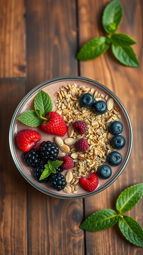 A delicious berry smoothie bowl topped with fresh berries, oats, and mint leaves.