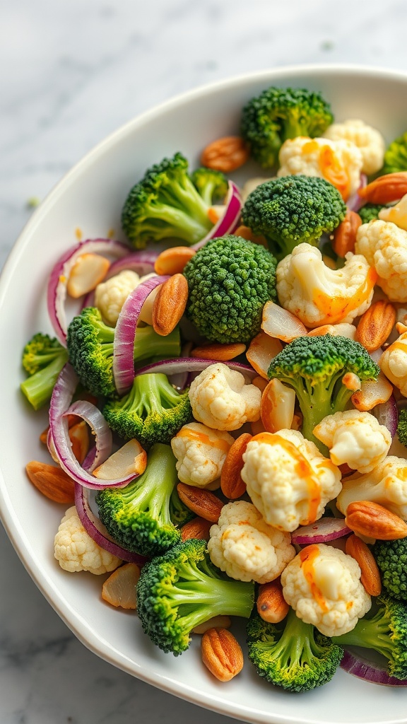 A vibrant bowl of broccoli and cauliflower salad with almonds and red onion.