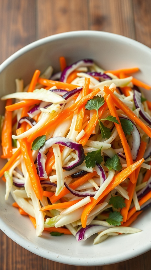 A bowl of cabbage and carrot slaw with colorful vegetables.