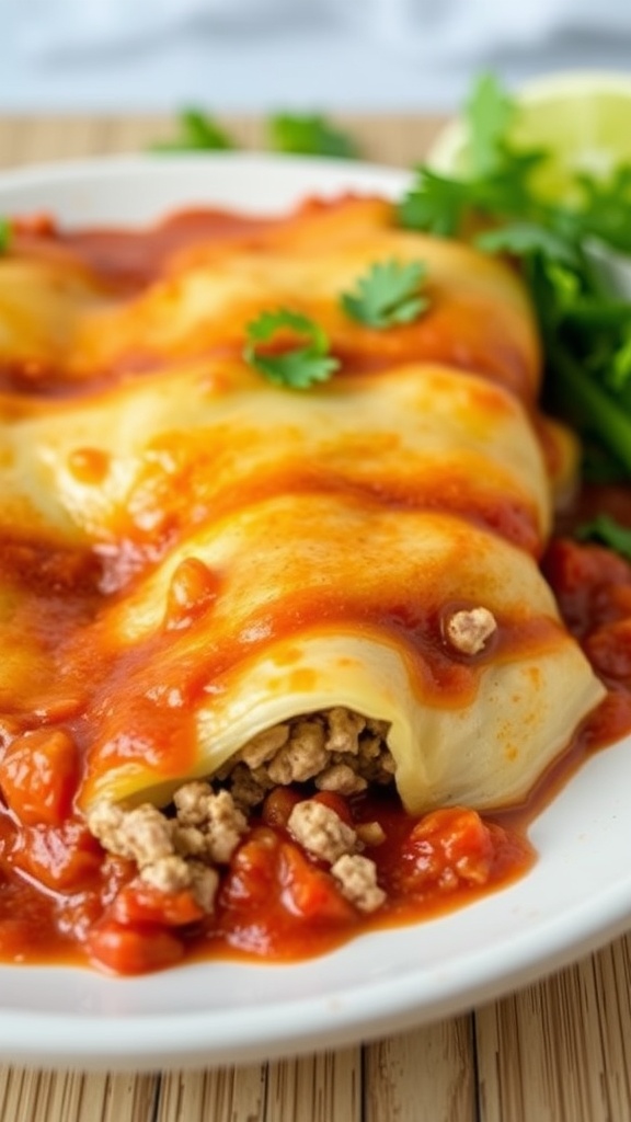 A plate of cabbage roll casserole topped with sauce and garnished with herbs.