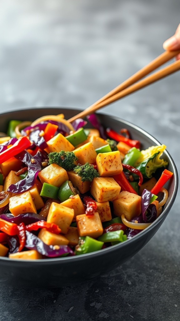 Colorful cabbage stir-fry with tofu and assorted vegetables in a black bowl