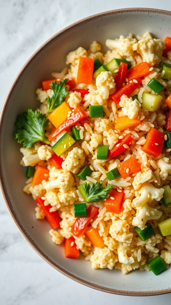 A bowl of cauliflower rice stir-fry with colorful vegetables.