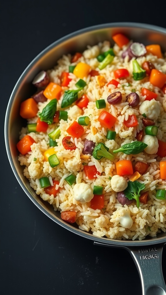 A colorful bowl of cauliflower rice stir-fry with a mix of vegetables.