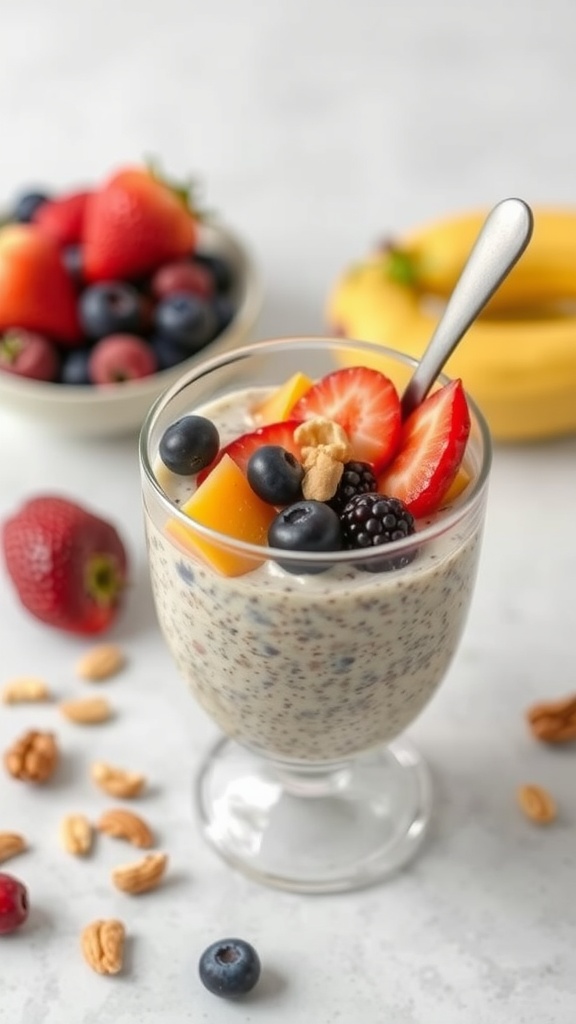 A glass of chia seed pudding topped with fresh fruits and nuts.