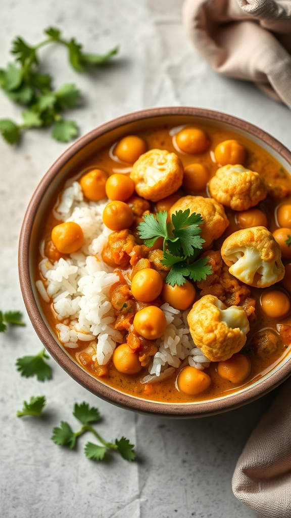 A bowl of chickpea curry with cauliflower served over rice, garnished with fresh cilantro.