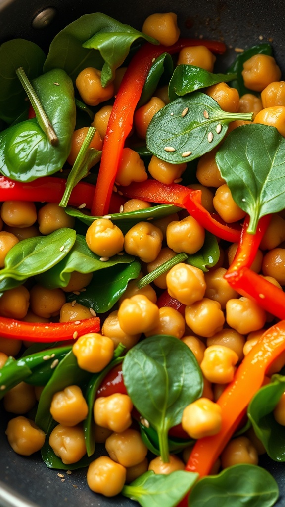 A vibrant stir-fry of chickpeas, spinach, and bell peppers in a skillet.