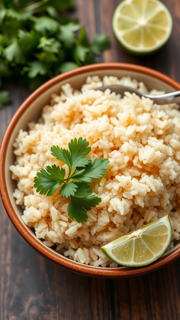 A bowl of cilantro lime brown rice garnished with fresh cilantro and a lime wedge.