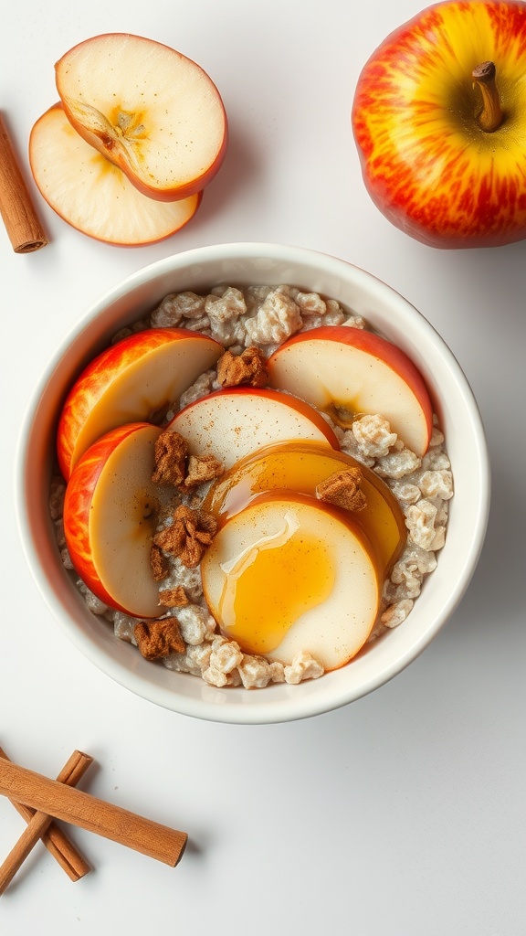 A bowl of cinnamon oatmeal topped with sliced apples and cinnamon sticks.