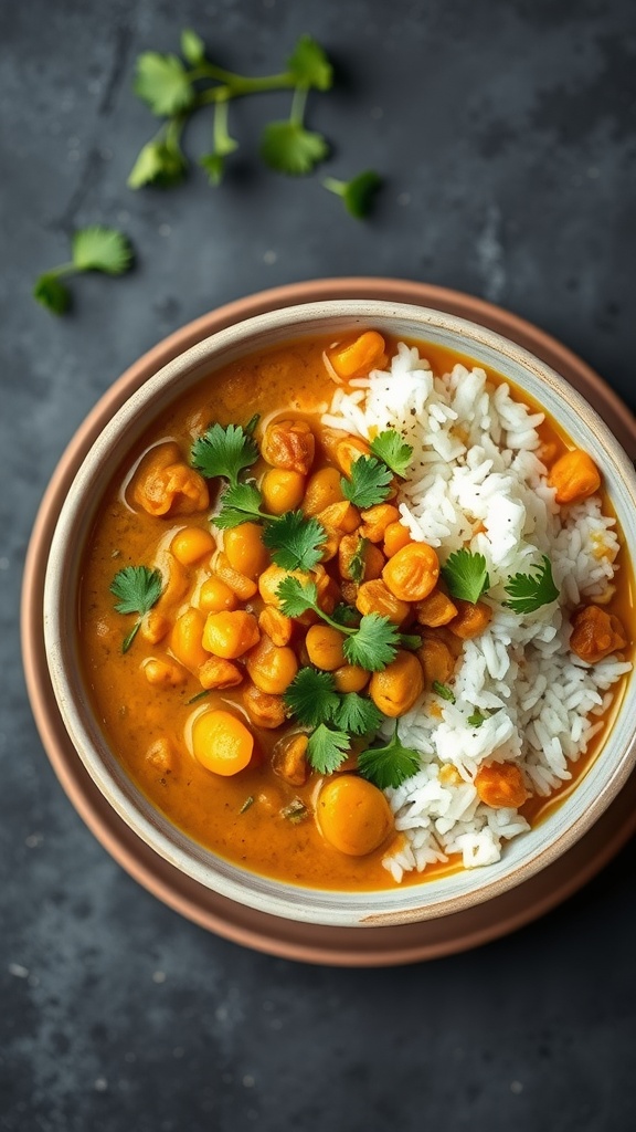 A bowl of coconut curry lentils with rice and cilantro on top