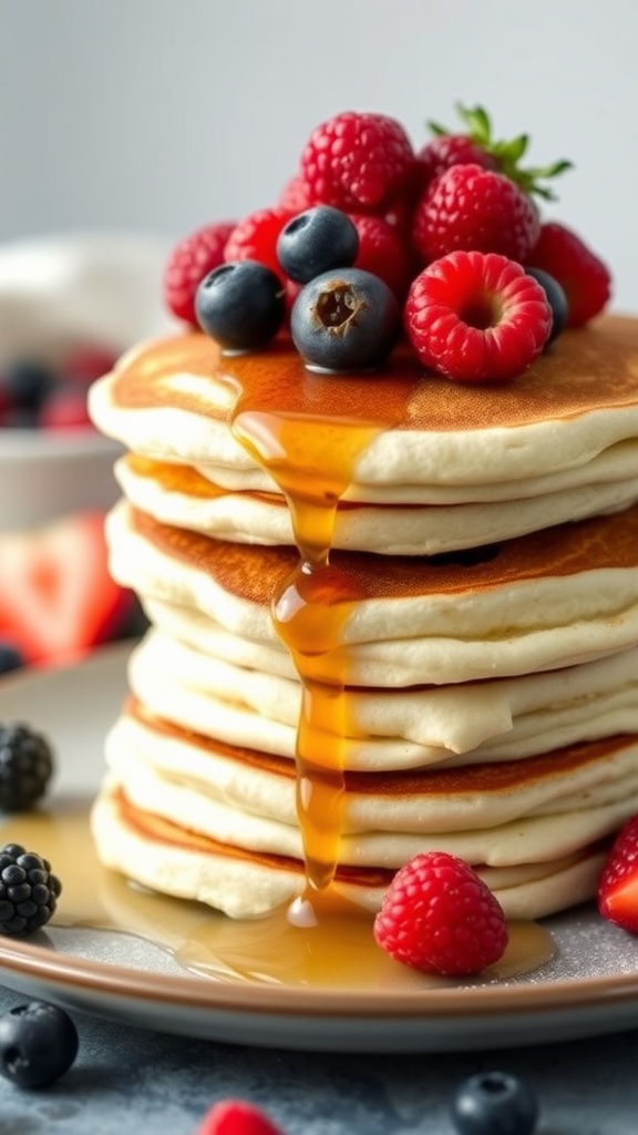 Stack of coconut flour pancakes topped with berries and syrup.
