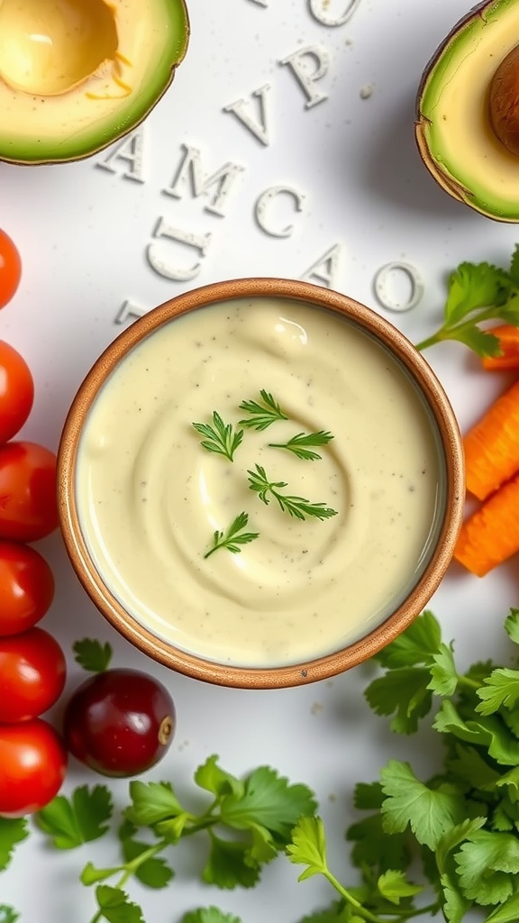 A bowl of creamy avocado dressing surrounded by fresh ingredients like tomatoes, cilantro, and carrots.