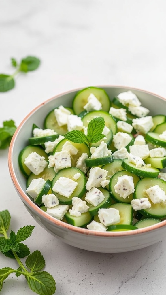 A bowl of cucumber and mint salad with feta cheese.