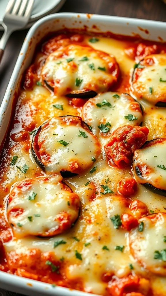 A close-up of Eggplant Parmesan Bake with melted cheese and parsley on top.
