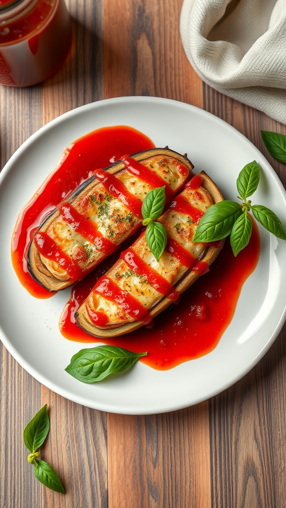 A plate of Eggplant Parmesan drizzled with marinara sauce and garnished with fresh basil leaves.