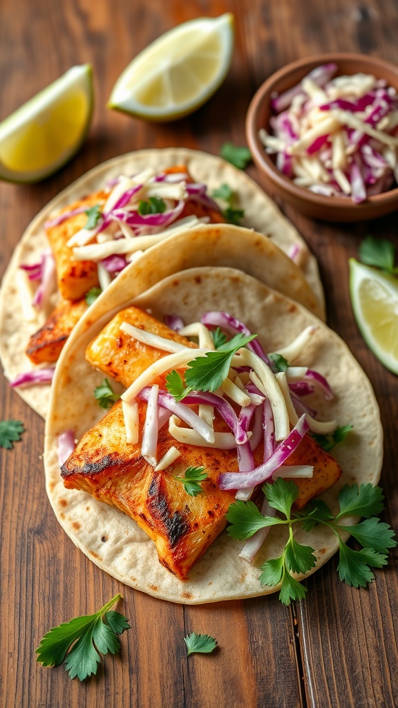 Fish tacos with cabbage slaw on a wooden table.