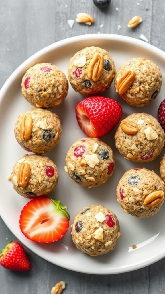 A plate of fruit and nut energy bites, featuring various ingredients and fresh strawberries.