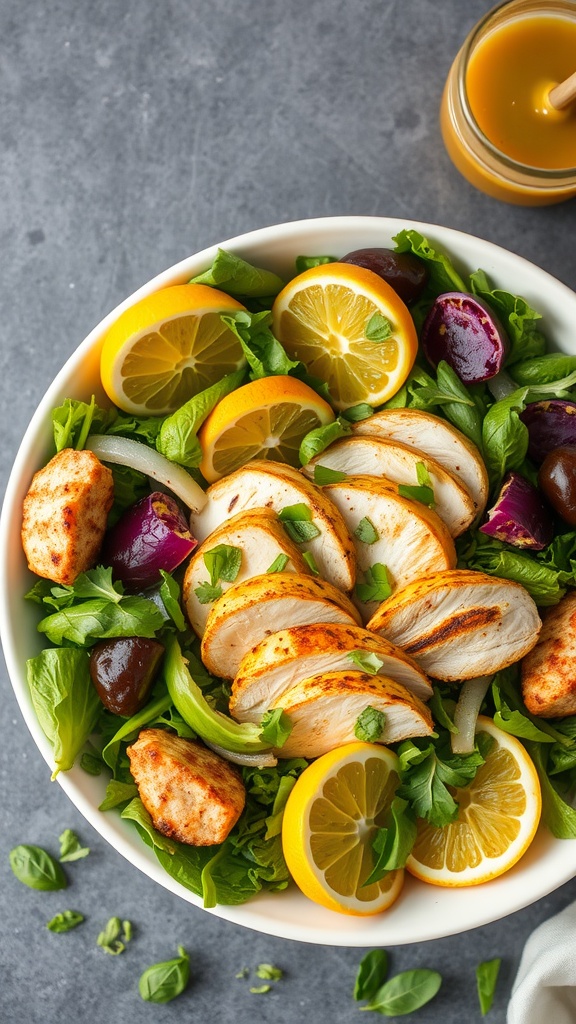 A vibrant bowl of grilled chicken salad topped with lemon slices and greens.