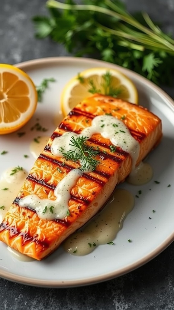 Grilled salmon fillet served with lemon-dill sauce and lemon slices