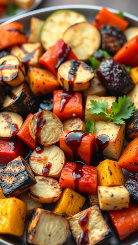 A colorful grilled vegetable platter with a variety of vegetables like bell peppers, zucchini, and squash drizzled with sauce.