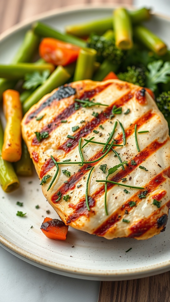 Grilled chicken breast with herbs and mixed vegetables on a plate.
