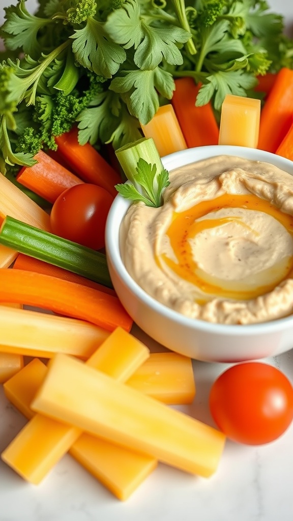 A bowl of hummus surrounded by fresh vegetables like carrots, celery, and tomatoes.