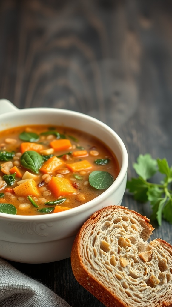 A bowl of lentil soup with spinach and carrots, accompanied by a slice of bread.