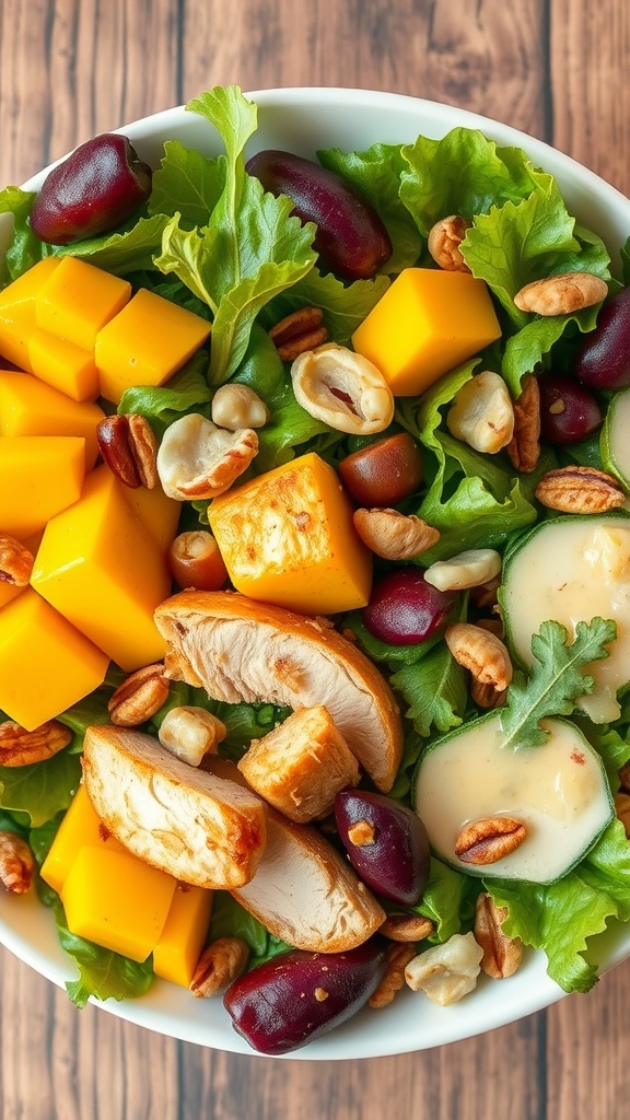 A bowl of mango chicken salad featuring lettuce, diced mango, chicken slices, nuts, and beans.
