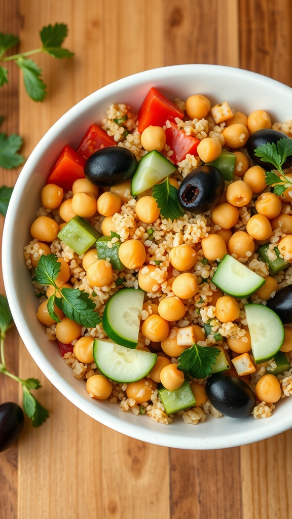 A vibrant Mediterranean Quinoa Bowl with chickpeas, cucumbers, red bell peppers, black olives, and fresh herbs.