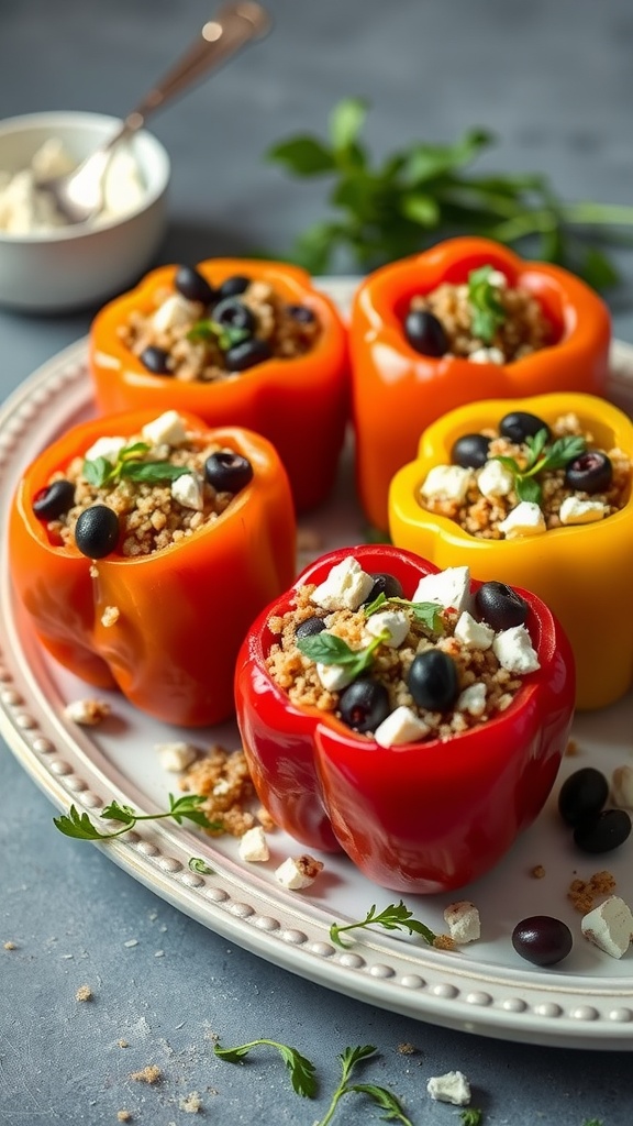 A plate of Mediterranean stuffed peppers filled with quinoa, black beans, and cheese