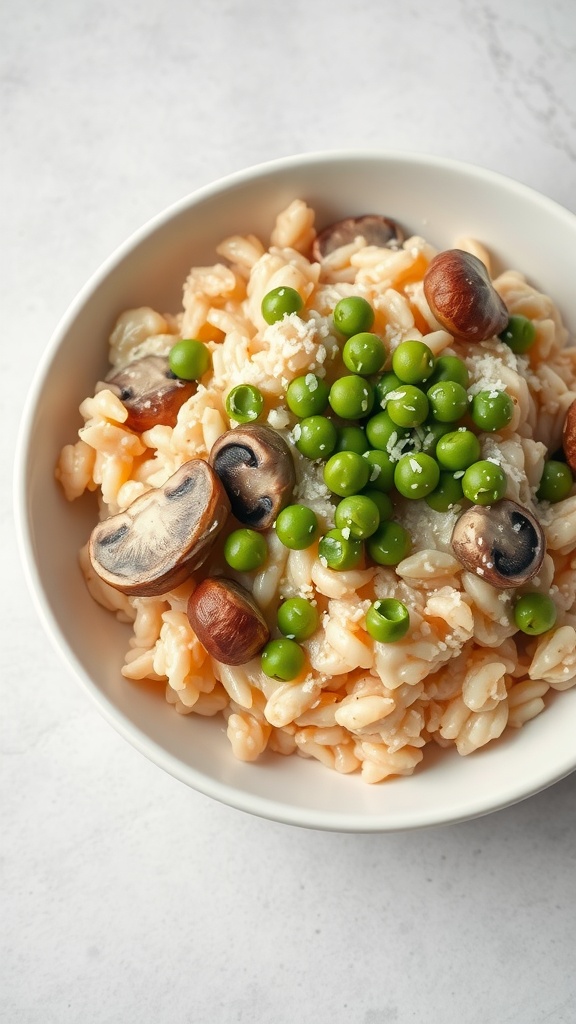 A bowl of creamy mushroom risotto topped with green peas