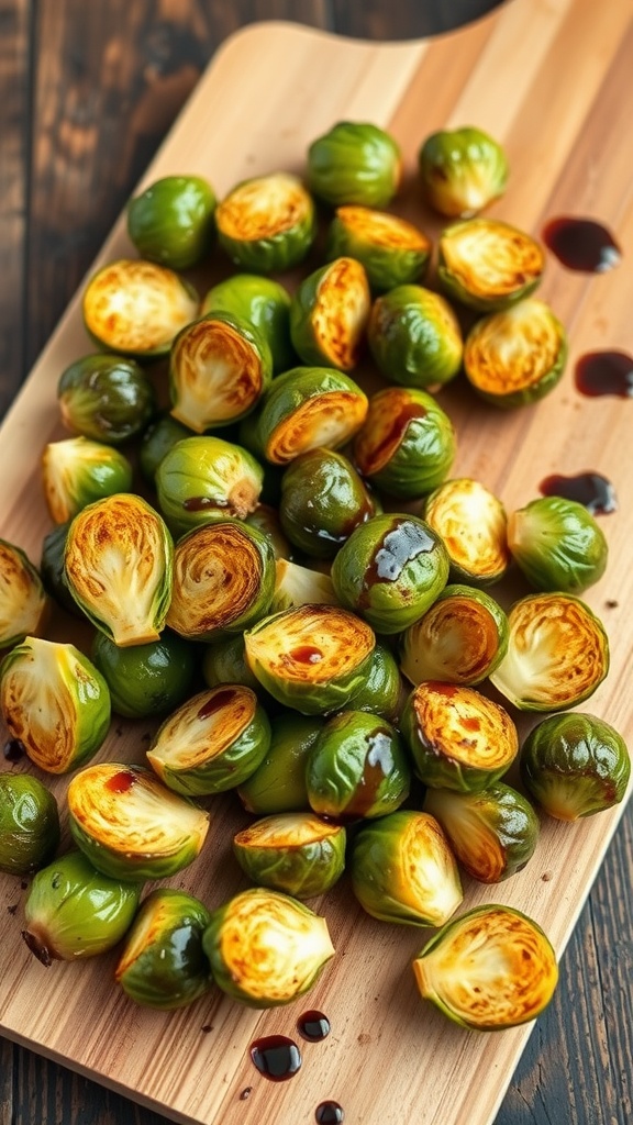 A platter of oven-roasted Brussels sprouts with a golden-brown finish, drizzled with balsamic glaze.