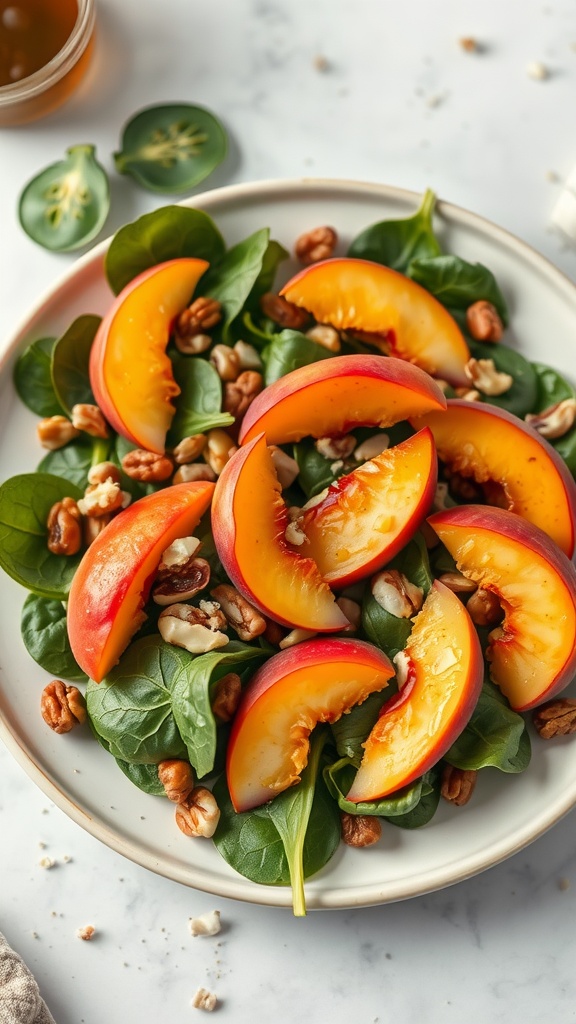 A fresh salad with spinach, sliced peaches, and walnuts on a plate.