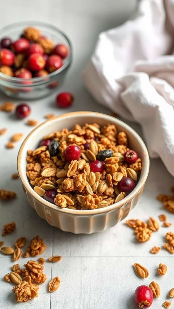 A bowl of pumpkin seed and cranberry granola with scattered ingredients around it.