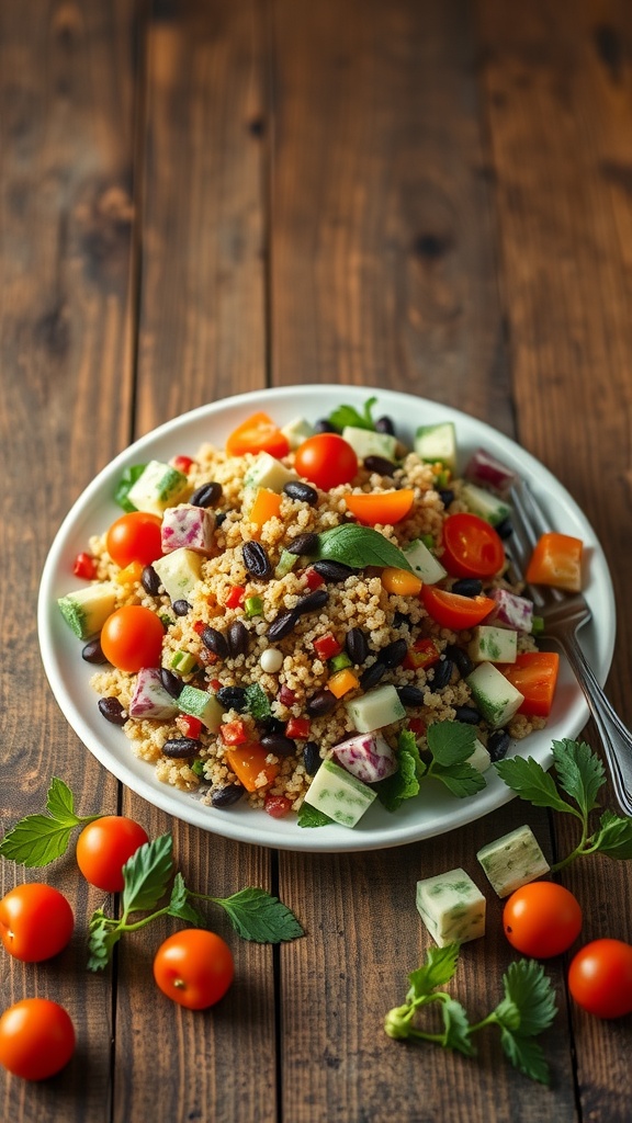 A vibrant quinoa and black bean salad with various chopped vegetables on a plate.