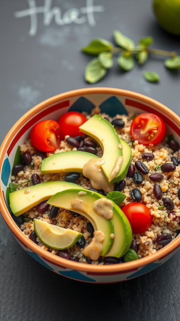 A colorful bowl of quinoa and black bean salad topped with avocado slices and cherry tomatoes.