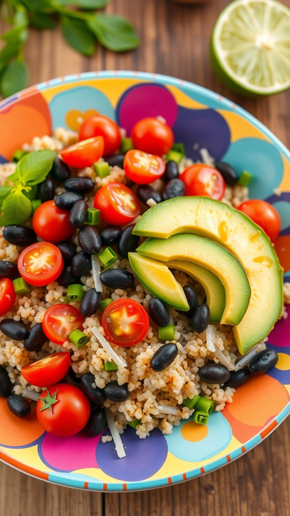 A colorful quinoa salad with avocado, black beans, cherry tomatoes, and green onions served in a vibrant bowl.