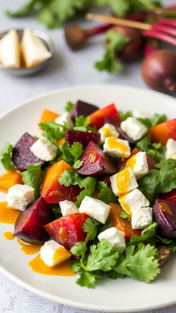 A vibrant salad featuring roasted beets, goat cheese, and fresh greens on a white plate.