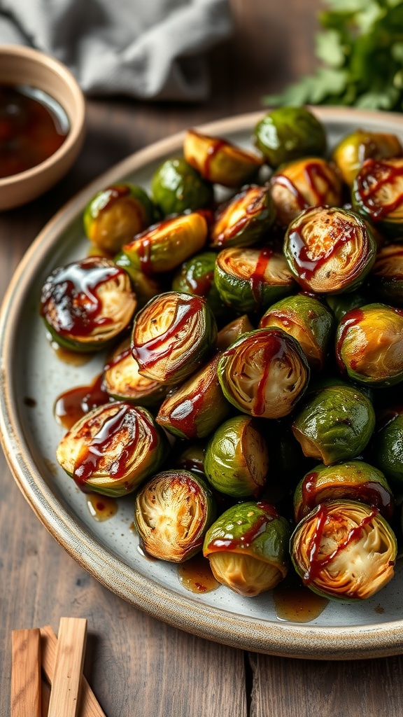 Plate of roasted Brussels sprouts drizzled with balsamic glaze.