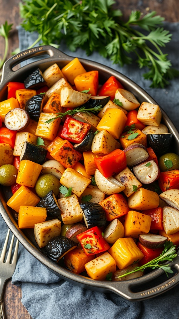 A vibrant roasted vegetable medley featuring colorful bell peppers, onions, and zucchini.