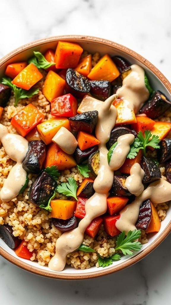 A delicious roasted vegetable quinoa bowl with colorful veggies and tahini sauce.