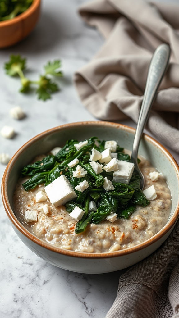 Bowl of savory oatmeal topped with kale and feta cheese.
