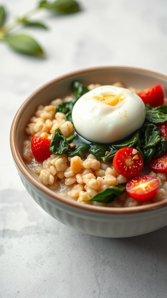 A bowl of savory oatmeal topped with spinach and a poached egg, garnished with cherry tomatoes.